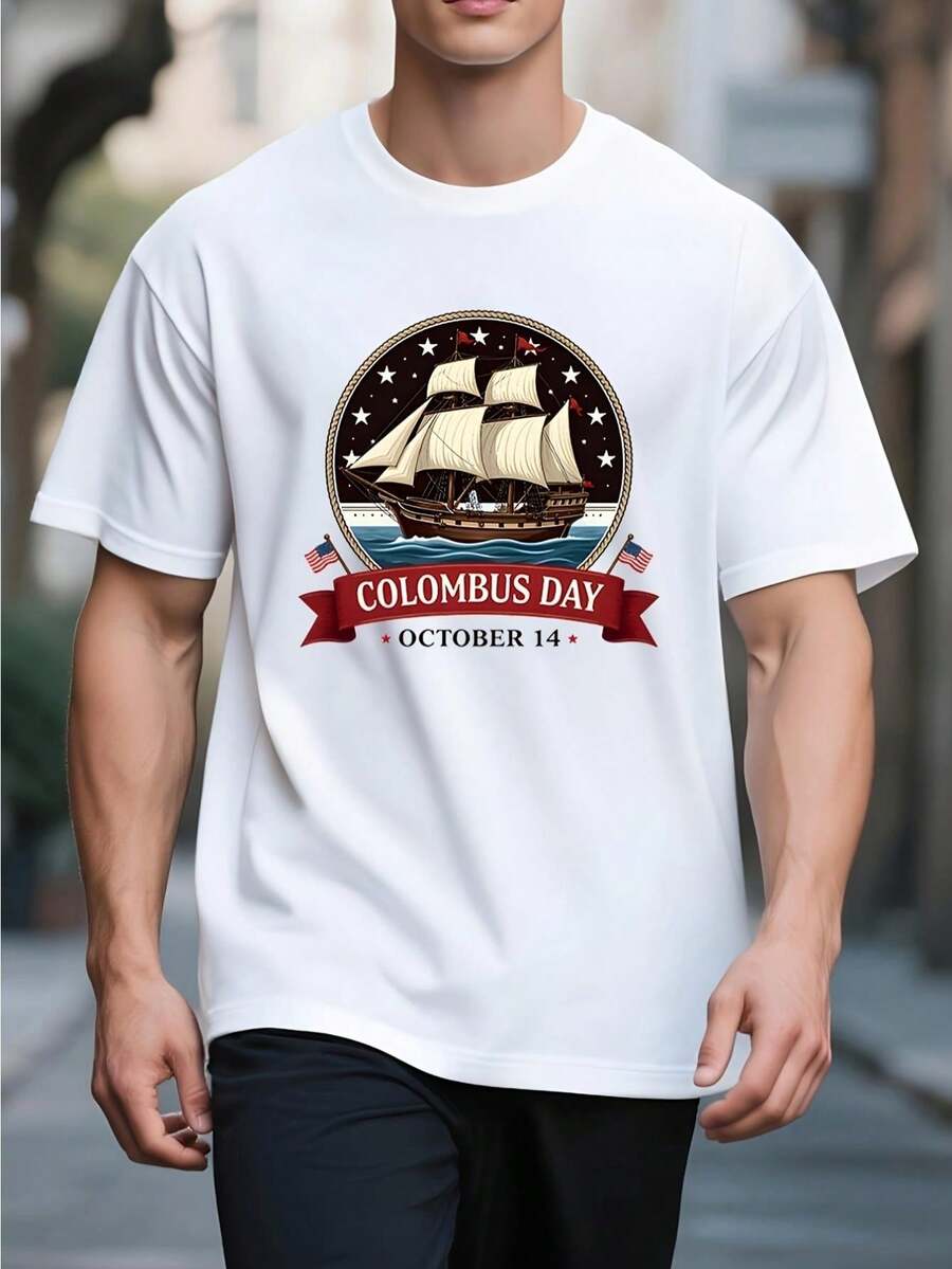 Men's Columbus Graphic Print T-Shirt With Vintage Ship Design, Machine Washable Summer Casual Top - 白色 - 查看 1