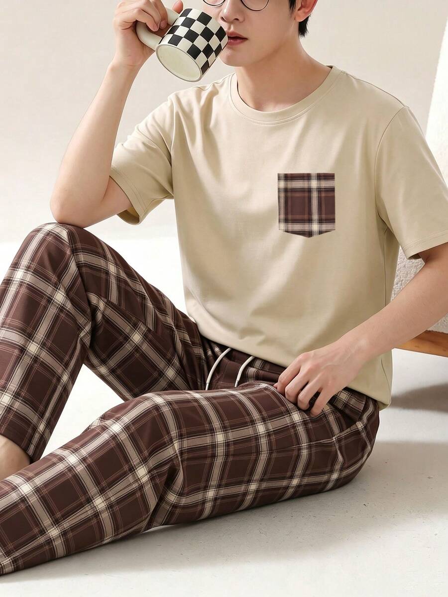 Men's Summer Crew Neck Casual T-Shirt And Casual Long Pants Loungewear Set - Apricot - View 1