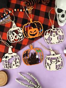 12/25/38 Halloween DIY Wooden Hanging Decor Set - Unfinished Decorations With Randomly Matched Colored Pens, Pom Poms, Gem Stickers And Jute Rope - Creative Painting Activity, Suitable For Halloween Parties, Pajama Parties, School Art Projects And Artistic Hanging Decor - Pumpkin - View 6