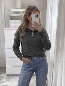 Women's Autumn/Winter New Polo Collar Solid Color Knit Sweater, Suitable For Office Commute, Business Professional, Casual Daily Wear - Grey - View 4