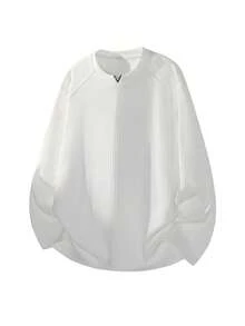 Blueprint Man 1pc Men's White Long Sleeve T-Shirt, Vertical Ribbed Ribbed Texture Fabric, 260g/M² Heavyweight Fabric, Minimalist Pullover T-Shirt, Crew Neck With Small V-Neck Detail, Solid Color Minimalist Style, Daily Commute, Casual Outings, Old Money Style - White - View 4