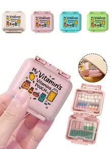 迷你 6 格便攜藥盒，收納盒，旅行藥盒，印有「My Vitamins」和維生素圖案，6 格小藥盒，密封包裝收納盒，6 天週用藥盒，旅行必備藥盒，日常維生素藥盒，口袋藥盒，精緻收納盒，居家必備，旅行必備 - 彩色 - 查看 3