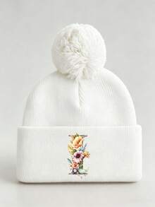 1pc Baby Beanies Boy Girls White Pom-Pom Cap With A-Z Letter Colorful Floral Hat For Boys And Girls Ages 0-8Y, For Hat Accessories Winter Warm Hat - Multicolor - View 44