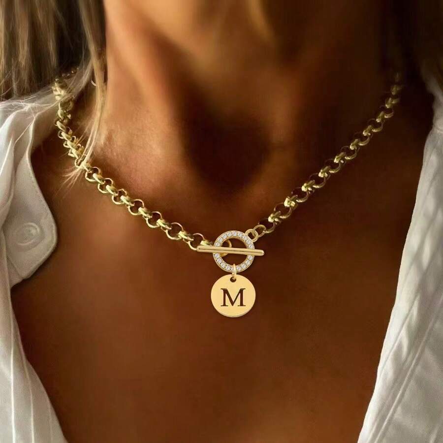 1pc Simple Gold Color Round Hollow Initial Pendant Toggle Clasps Stainless Steel Chain Necklaces For Women - Yellow Gold - View 1