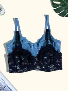 5pcs Set Artistic Floral Print Underwire Bra, Large Bust Minimizing, Side-Boob Smoothing, Push-Up, Plus Size Women's Lingerie With Patchwork Hollow Lace Trim - Multicolor - View 7