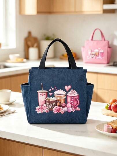 Insulated Lunch Bag With Pink Coffee Macaron, Bow, And Envelope Pattern Design, For Women Coffee Lovers, With Black Utensil Storage Bag, Large Capacity, Student Meal Thermal Cold Storage Bag, Portable Travel Picnic Bag, Office School Lunch Insulated Bag, Thermal Lunch Box, Work Lunch Box, Holiday Lunch Box, Multi-Functional Camping School Lunch Box Suitable For Men And Women