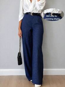 Women's Striped Pocket Casual Versatile Minimalist All-Season Commute Office Loose Straight Leg Pants - Navy Blue - View 1