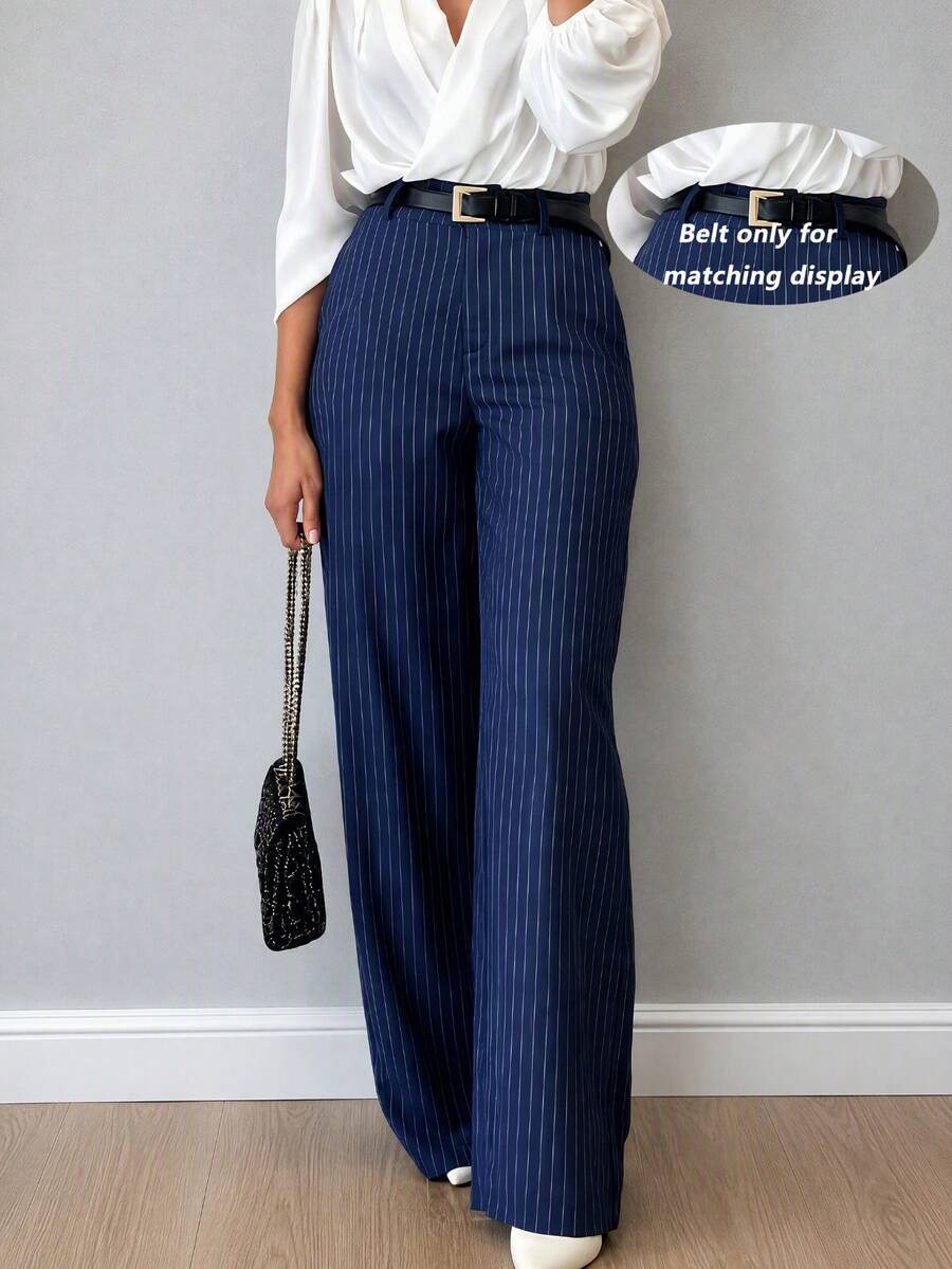 Women's Striped Pocket Casual Versatile Minimalist All-Season Commute Office Loose Straight Leg Pants - Navy Blue - View 1