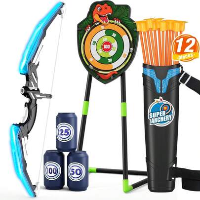 Paquete de 2 arcos y flechas para niños con tablero de dardos grande de 29" y objetivo de dinosaurio |   Set de Tiro con Arco Luminoso con 24 Flechas de Ventosa, Juguetes Deportivos para Interiores y Exteriores, Regalos para Niños y Niñas
