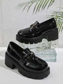 Women's Wedge Heel Thick Sole Slip-On Loafers, Business Punk Pure Metal Decor, Office Wear - Black - View 6