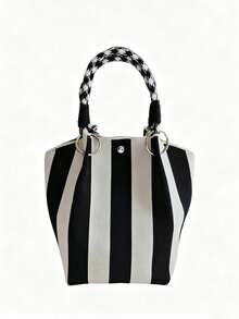 Fresh And Gentle Artistic Style Classic Retro Striped Handbag, Casual And Fashionable Versatile Handbag, Suitable For Commuting And Shopping. - Black - View 6
