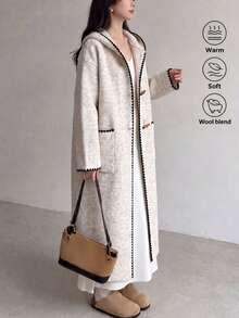 Women's Casual Contrast Color Trim Hooded Cardigan Sweater Coat, Long Style For Winter Fall - Oatmeal - View 1