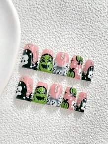 10件組萬聖節主題幽靈風格手工穿戴甲，Polygel美甲套組，彩色水鑽，粉色指甲油，幽靈女孩風，附美甲工具，3種尺寸可選，杏仁/鴨嘴/棺材形，適合派對、舞會、日常配戴 - 彩色 - 查看 17