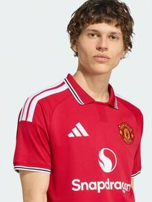 Adidas Men's MUFC H JSY Short Sleeve Knit Collarless T-Shirt TKA6871 - Red and White - View 6