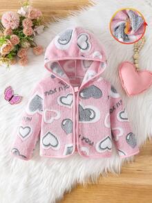 Baby Girl Spring/Autumn Flannel Heart Print Hooded Jacket, Thickened Warm Baby Outerwear - Multicolor - View 1