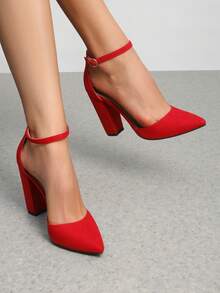 Women's Chunky Block Ankle Strap High Heels, Coco Pointed Closed Toe Pumps For Banquet & Office - Red - View 11