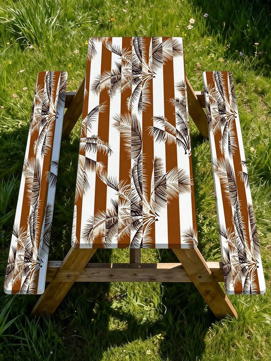 Juego de 3 piezas de mantel para picnic con cubierta de banco, diseño de borde elástico, patrón de líneas florales, mantel rectangular lavable, adecuado para bodas, camping, picnics, fiestas en el jardín y talla grande, esencial práctico - E - Ver 1