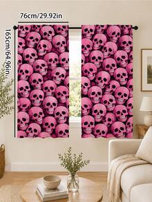 2PCS, Pink Skull Print Curtains, Dark Sweet Cool Style, Halloween Party Home Decor Fabric Curtains - Multicolor - View 16