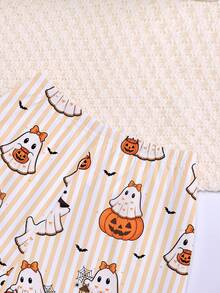 Cute Cartoon Ghost & Pumpkin Print Striped Home Shorts Young Girl Halloween Outfit, Summer Girls Open Front Pajama 2 Pieces Set - Orange - View 6