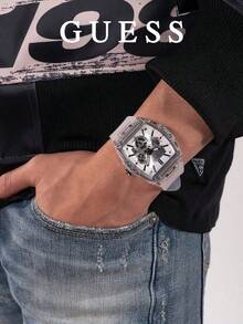 GUESS Phoenix Series Men's Barrel Watch, Multi-Function Chronograph Hollow Dial Rhinestone Wristwatch Collection - one-size - View 2