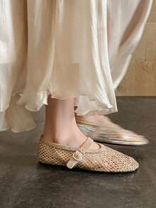 Women's Champagne Gold Mary Jane Ballet Flats, Rhinestone Plaid Mesh Upper, Round Toe, Adjustable Strap, Textured Trim - Gold - View 8