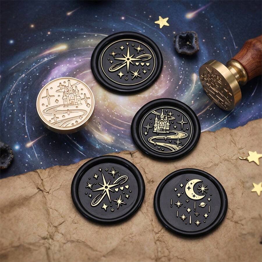 مجموعة ختم الشمع سلسلة النجم والقمر والنهر 1 طقم (تشمل 1 مقبض + رأس ختم 25 مم) - شمع لأظرف الدعوات، مثالي للدعوات والعطلات وتغليف الهدايا والحفلات والرسائل - ختم سلسلة المجرة + مقبض - مشاهدة 1