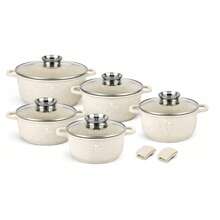 12-Piece Marble Pattern Aluminum Cookware Set With Glass Lids, Cream White Cooking Pot Set, Cream White - View 5