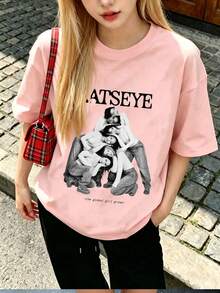 Tween Girls' Casual Funny Print Crew Neck Short Sleeve T-Shirt, Summer Top - Pink - View 2