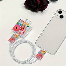 3pcs Red Floral Pattern Transparent Charger Protective Case Set For IPhone, With Cable Protection And Charging Head Set, Compatible With IPhone 20W/18W Charger - Multicolor - View 4