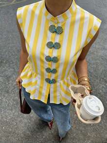 Atasan Tank Tanpa Lengan Bergaris Kasual untuk Musim Semi/Gugur, Desain Blok Warna, Penutup Kancing, Hem Berlipit, Blus Wanita Elegan Warna Kuning untuk Musim Panas - Kuning - View 5