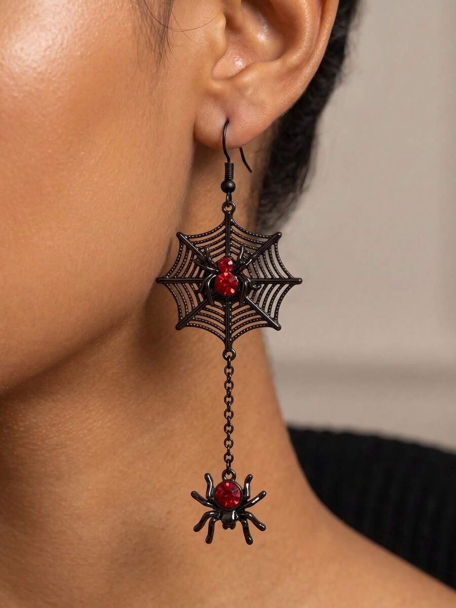 1 Pair Dark Red Eye Spider Web Long Tassel Earrings, Gothic Vintage Style, Distressed Black Gold Chain + 3D Spider Web Pendant, Cool Girl Accessory For Halloween Party, Gift And Holiday Celebration - Black - View 1