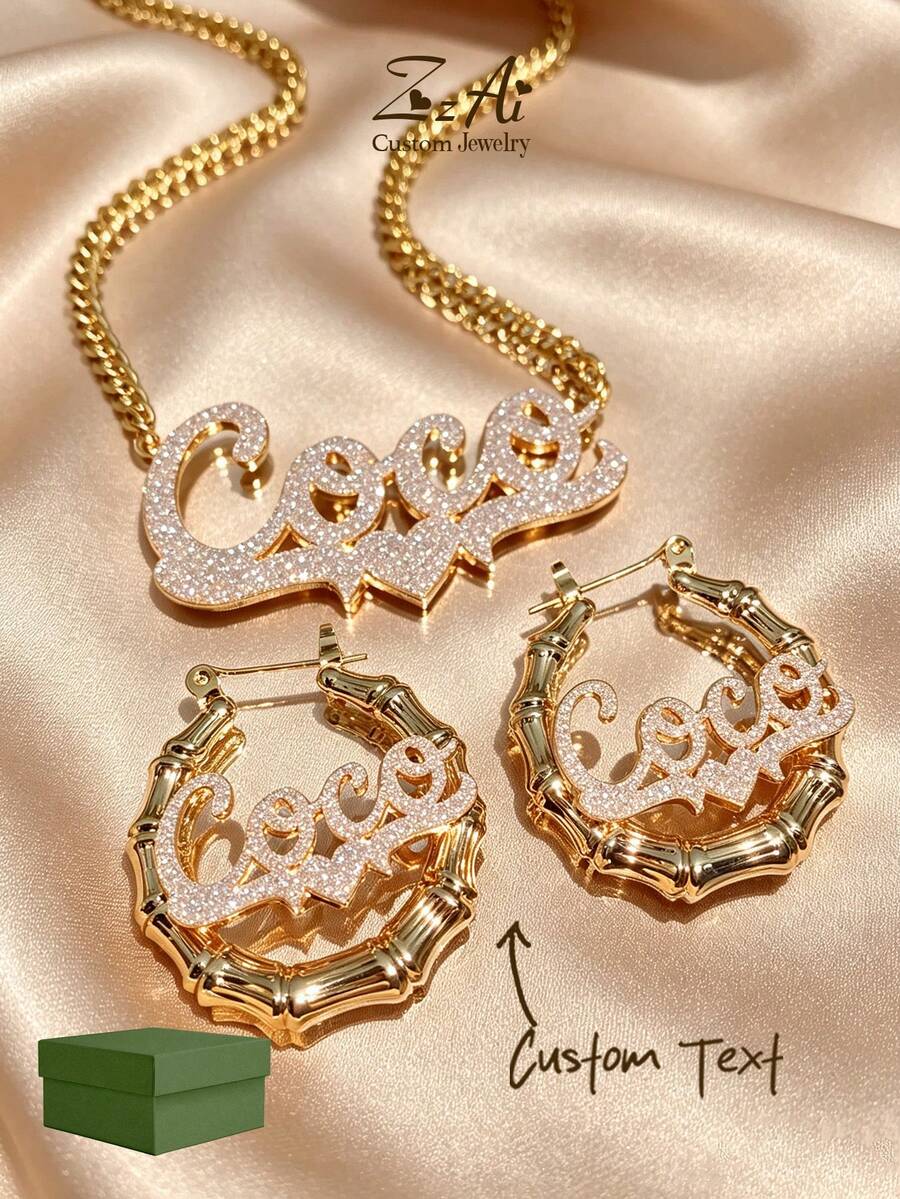 [ZzAi Custom]Back To School Jewelry Set, Customized Birthstone + Name, 3cm Earring Size, Academic Style Suitable For Teenagers' Daily Back To School Outfits - White Sand-pressed Style 1 - View 1