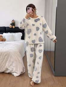 Dreamivo Soft Heart Flannel Pajama Set For Women, Autumn/Winter Round Neck Long Sleeve Thick Fleece Loose Pants 2 Pieces Home Wear - White - View 3