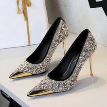 Black Glitter Rhinestone Pointed Toe High Heels for Women, Metal Tip Stiletto Pumps, Slip‑on Sparkly Dress Shoes for Wedding Prom Evening Party - Negro - Ver 1