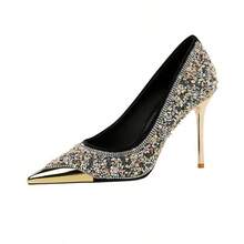 Black Glitter Rhinestone Pointed Toe High Heels for Women, Metal Tip Stiletto Pumps, Slip‑on Sparkly Dress Shoes for Wedding Prom Evening Party - Negro - Ver 7