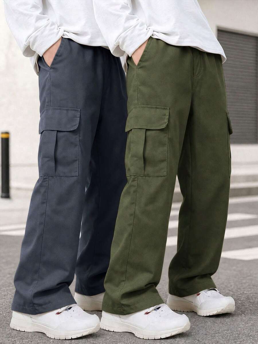 2pcs Tween Boys Casual Sports Outdoor Cargo Pants With Big Pockets, Spring/Autumn - Grey - View 1