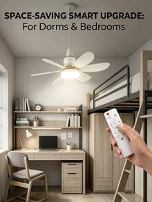 Ventilador con luz 2‑en‑1 base universal E27 B22 con mando a distancia ajuste CCT luz regulable temporizador velocidades ajustables estructura ABS metálica lámpara ventiladora minimalista para habitación sala de estar casa interior - Blanco - Ver 9