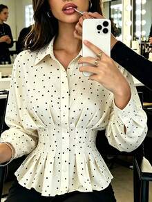 SuofeiMan Women's White Polka Dot Blouse, Long Puff Sleeve Collared Button-Up Top With Ruffle Hem, Casual White Dress-Style Top, Suitable For Daily Commute And Party, Autumn/Winter Essential - Beige - View 2