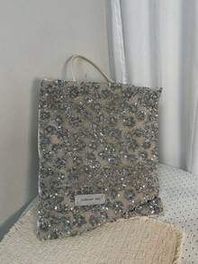 Dedoo Korean Style Sequin Pink Silver Glitter Ins Style Large Capacity Velvet Patchwork Tote Bag, Commuter Casual Shopping Shoulder Lazy Handbag - Silver - View 4