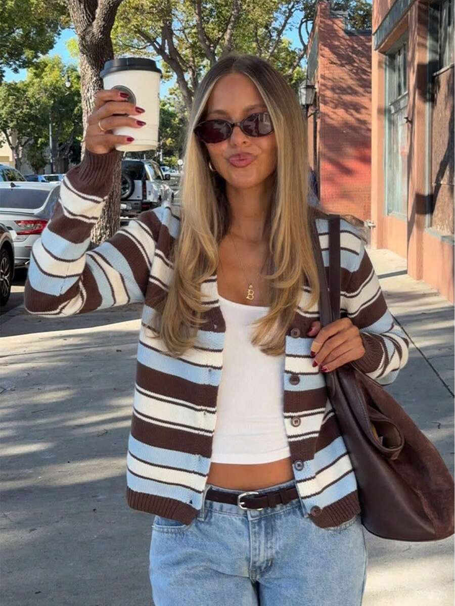 Women's Autumn Winter Casual Cute Vintage Y2K Color Block Buttons Knitted Cardigan Fall Winter Going Out Back To School - Brown - View 1