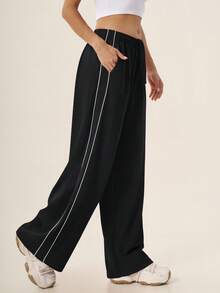 TimeOff Women's 1pc Colorblock Side Vertical Stripe Side Pocket Elastic Waist Wide Leg Pants - Black - View 3