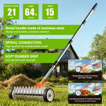 FUSHITON Thatch Rake 15 Inch With Wheels For Lawn Dethatching | Heavy-Duty Metal,Adjustable Long Handle,For Soil Loosening & Leaf Gathering - A - View 2