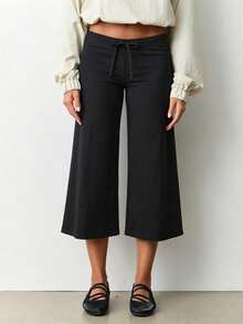 Women Drawstring Waist Culotte Pants Casual Loose Wide Leg Cropped Trousers - Black - View 1