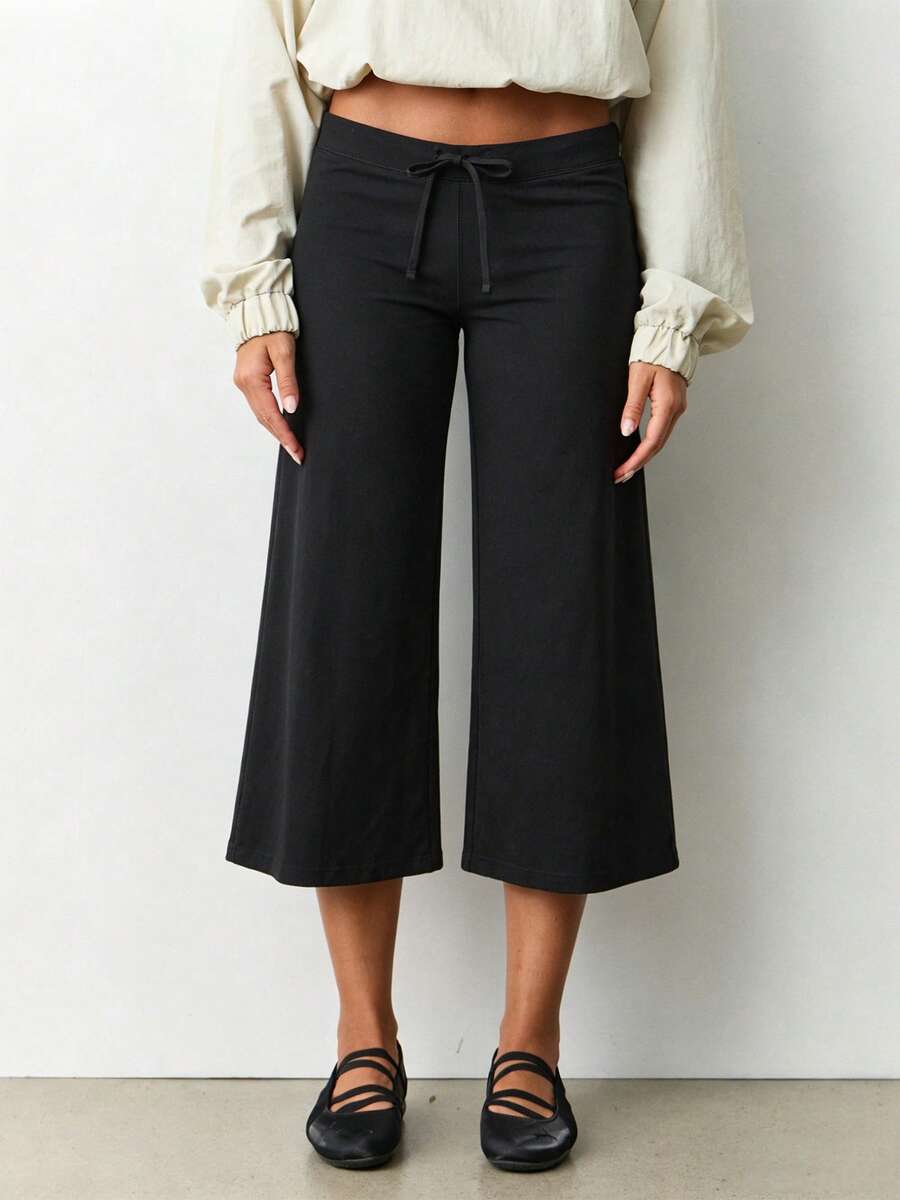 Women Drawstring Waist Culotte Pants Casual Loose Wide Leg Cropped Trousers - Black - View 1