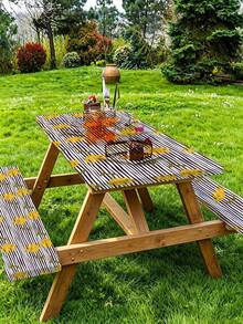 3 PiecesPicnic Tablecloth Set With Bench Cover, Elastic Edge Design, Line & Floral Pattern, Matching Floral Pattern, Washable Rectangular Tablecloth, Suitable For Weddings, Camping, Picnics, Garden Parties And More, Practical Essential - C - View 2