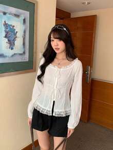 Sweet Style Lace Trim Tie-Front Long Sleeve Blouse, Chic Autumn Top For Women - White - View 1