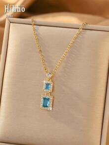Hihho 1pc Colorful Square Zirconia Double Pendant Necklace, Gold Plated Zirconia Inlaid Necklace, Exquisite Gift Jewelry For Women - Double-sided Block - View 3