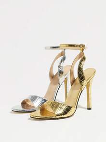 Jin Bei Qi Women's Summer Sandals, Gold Stone Texture Fabric Back Ankle Strap Buckle Thin High Heel Shoes, Fashionable Comfortable PU Leather High Heel Sandals, Suitable For Evening Party, Wedding, Party, Date, Formal Dress, Luxury Outfit - Gold - View 9