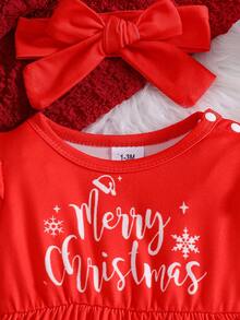 Newborn Baby Girl Autumn/Winter Christmas Holiday Style Santa Claus Print Round Neck Ruffle Long Sleeve Dress + Red Headband 2pcs Set, Suitable For Christmas Holiday Outfit - Redwood - View 3