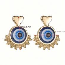 Vintage Metal Lace Stud Earrings, Gold Heart Patchwork Lace Blue Eye Pendant, Niche Exotic Style Earrings, Suitable For Casual Gatherings And Party Occasions - Gold - View 3